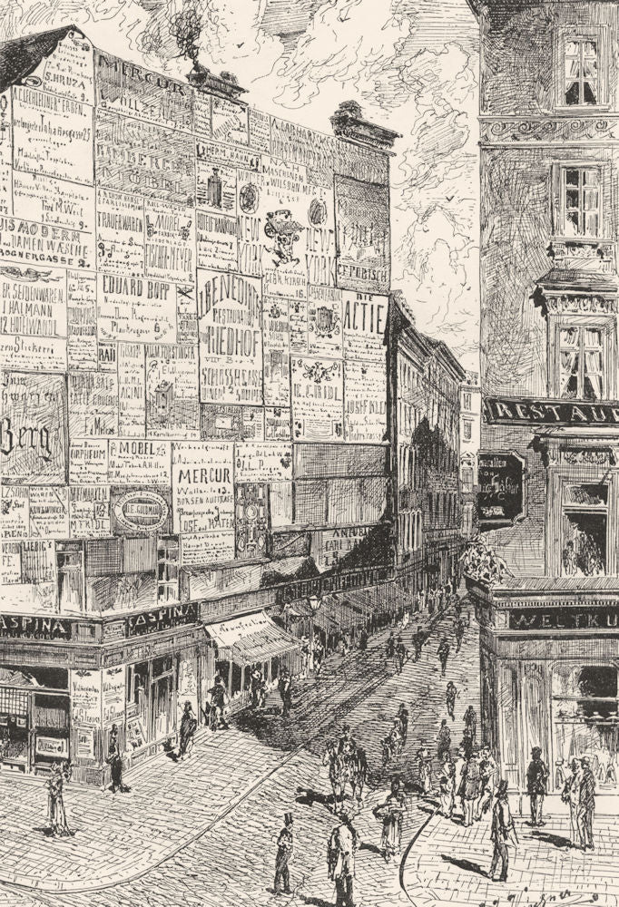 AUSTRIA. Street in Vienna. Wall Announcements c1893 old antique print picture